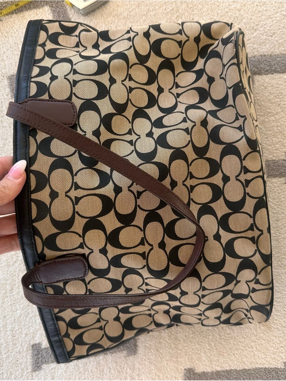 Coach Canvas Tote in Khaki and Black with Brown Leather Trim